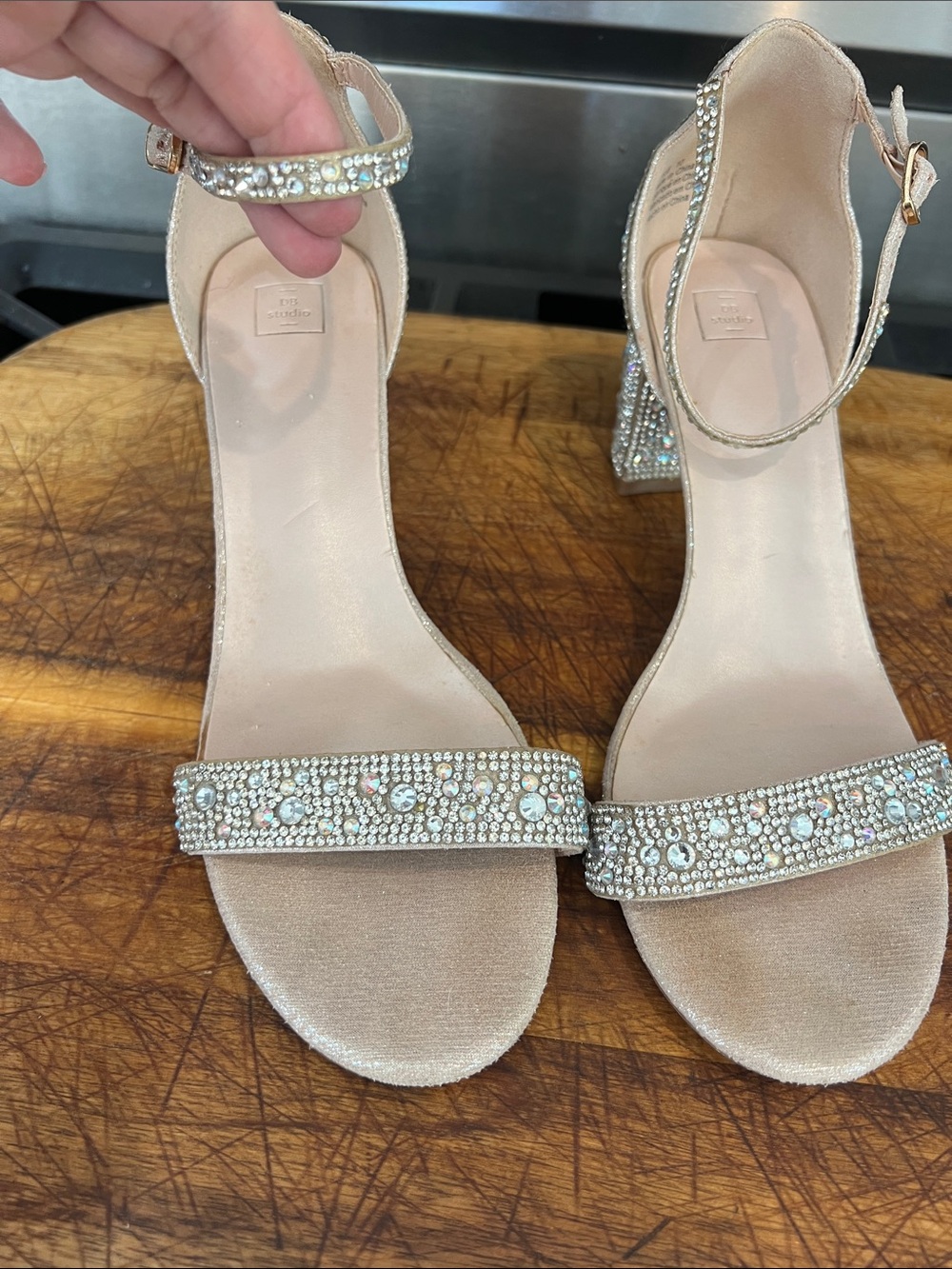 💎 DB Studio Silver Rhinestone Ankle Strap Block Heels Size 10 👡